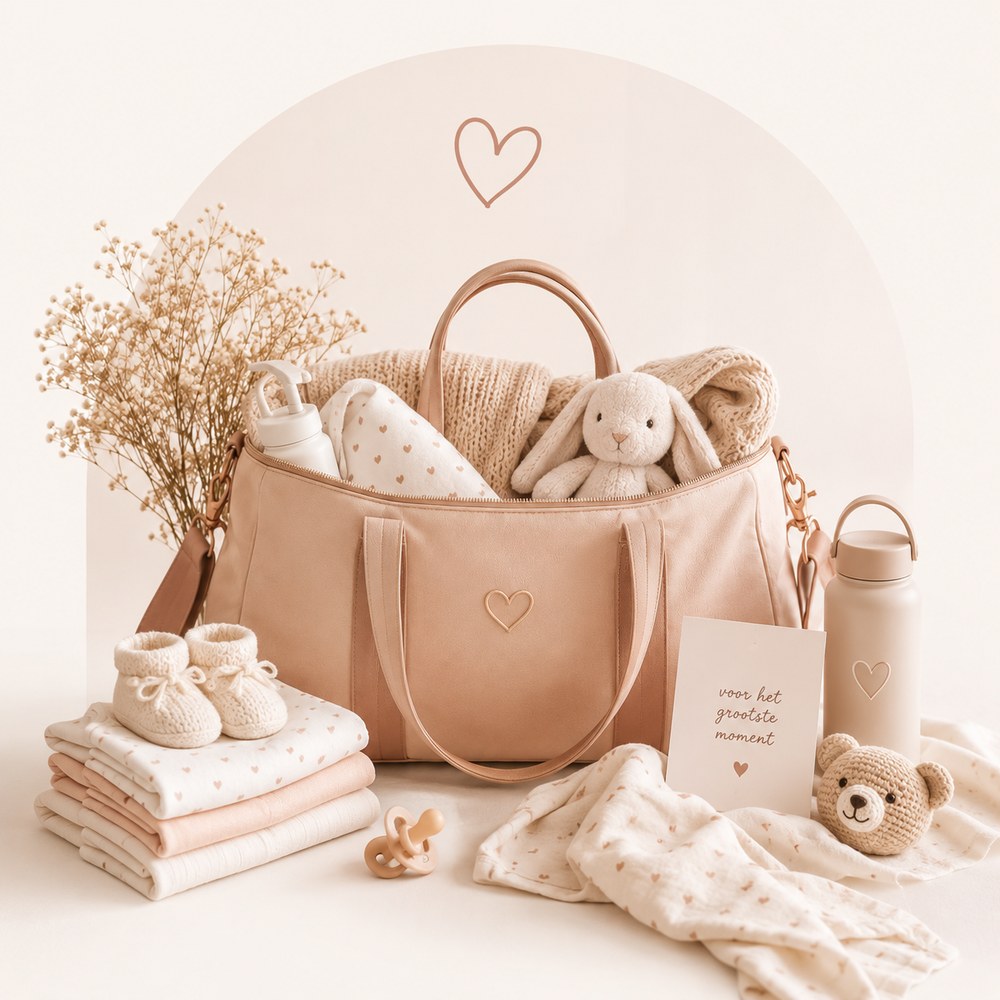 Een ingepakte vluchttas met babykleertjes, dekentje en knuffel, klaar voor de bevalling